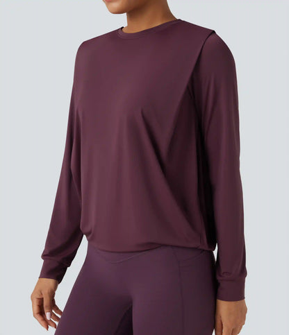 Round Neck Long Sleeve Ruched Yoga Sports Top-UPF50+