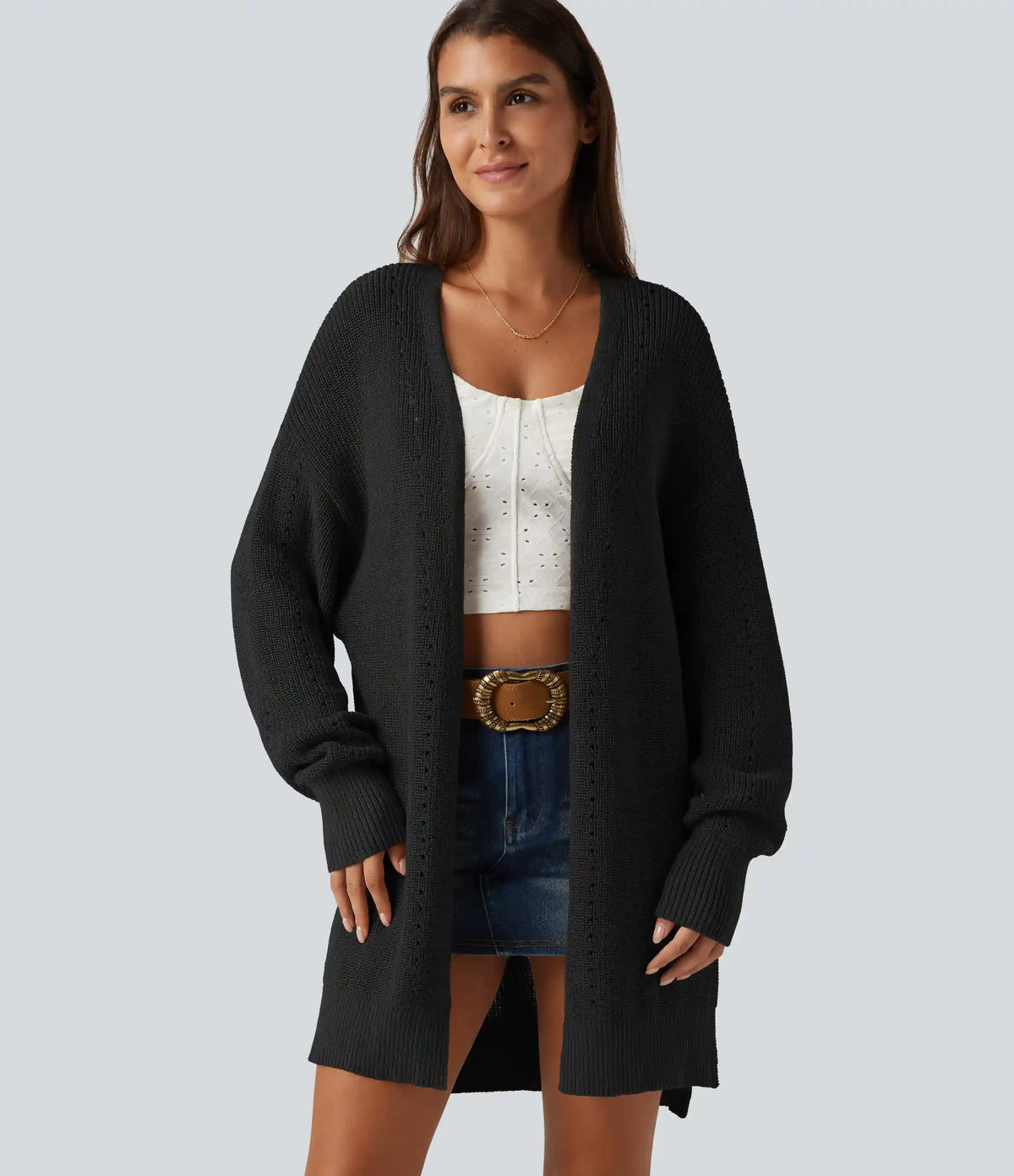 V Neck Open Front Long Sleeve Longline Casual Cardigan