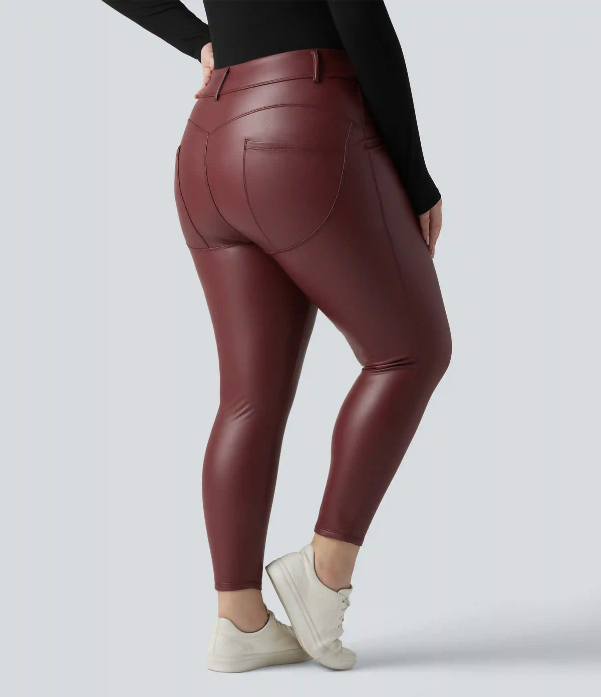 High Waisted Stretchy PU Fleece Casual Plus Size Leggings with Pockets