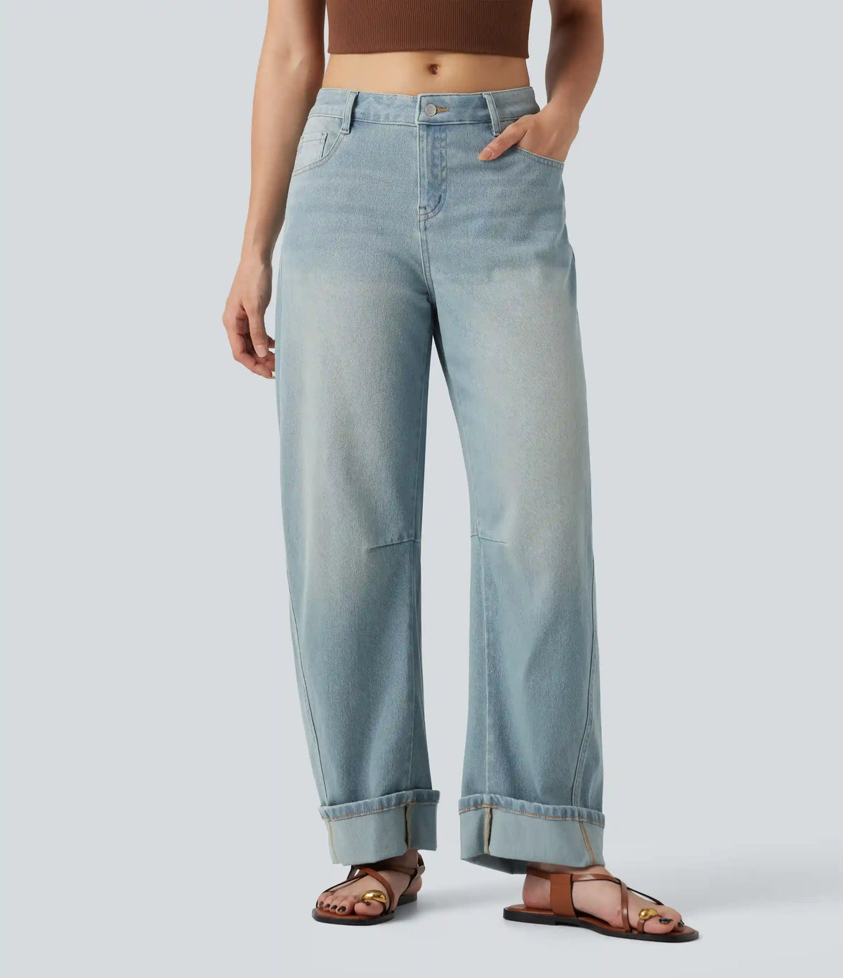 Halara Flex™ Low Rise Rolled Hem Casual Barrel Leg Jeans with Pockets