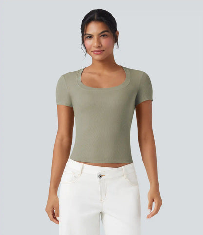 Ribbed Knit Short Sleeve Casual T-Shirt