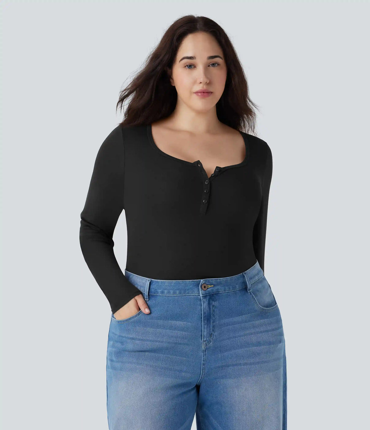 Plus Size Ribbed Henley Neck Long Sleeve Casual Top