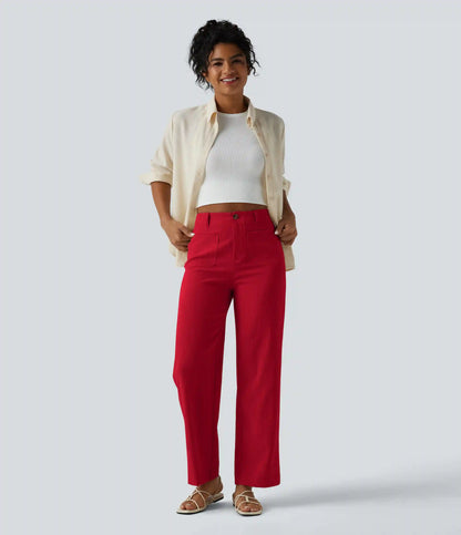 High Waisted Straight Leg Casual Linen-Feel Pants with Pockets