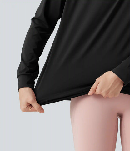 Round Neck Long Sleeve Ruched InstantCool Yoga Sports Top-Longer Length-UPF50+