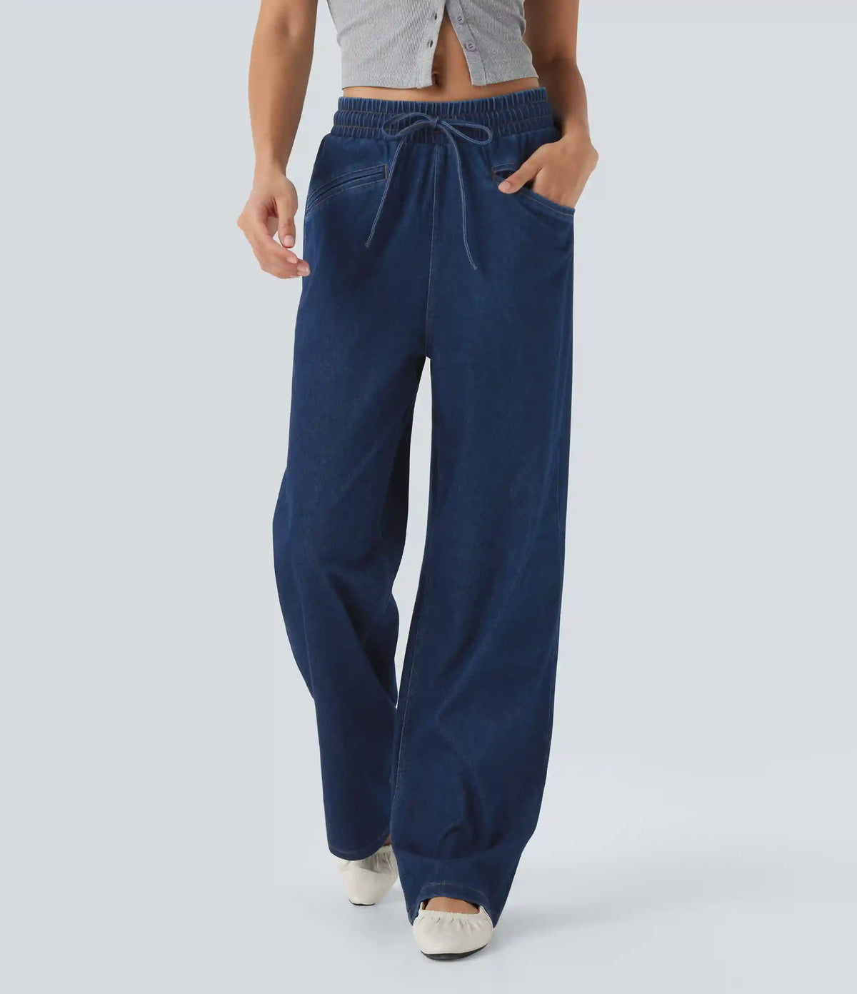 Halara Flex™ High Waisted Drawstring Wide Leg InstantCool Stretchy Knit Casual Sweatpants Jeans with Pockets