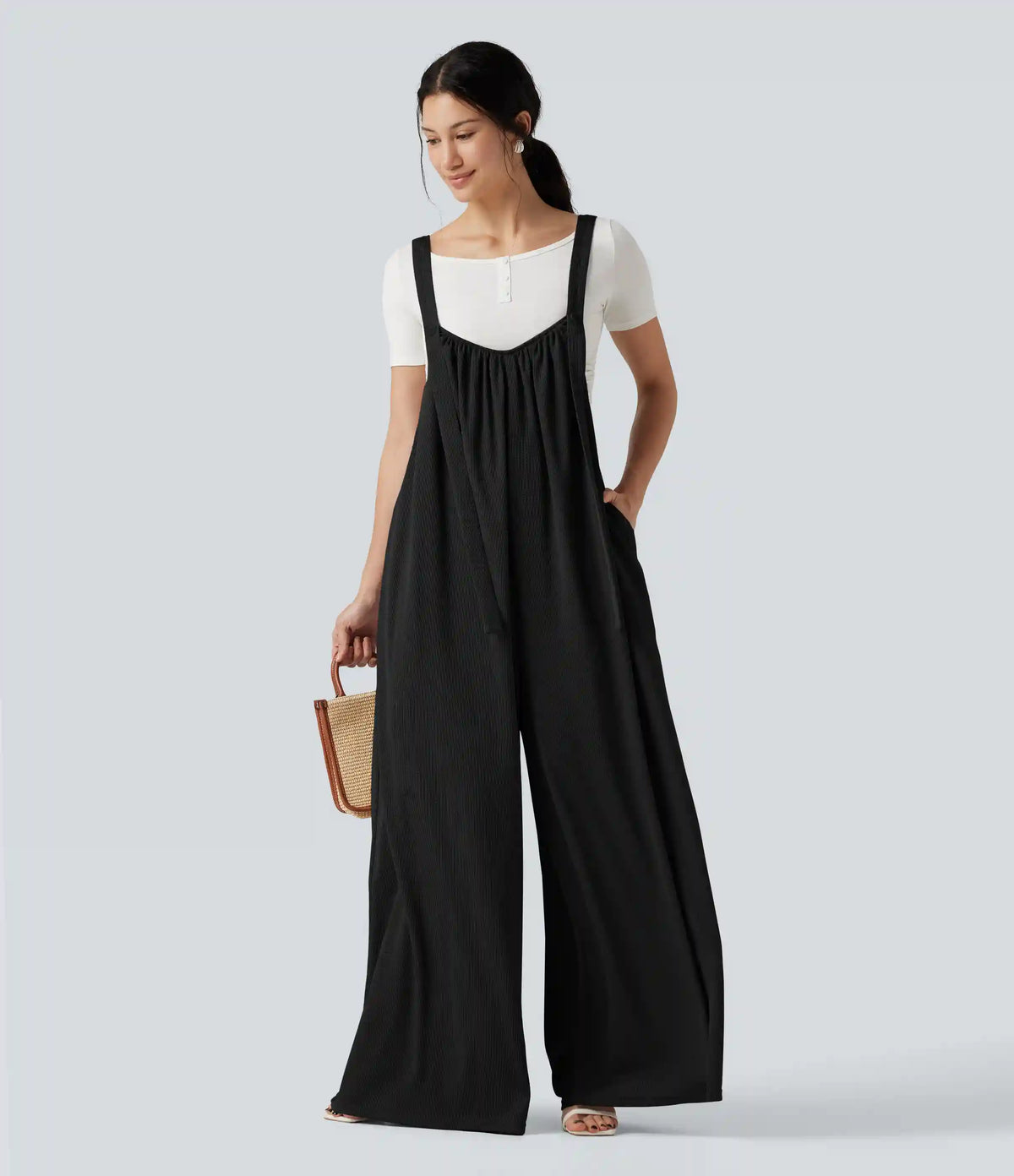 Adjustable Straps Waffle Casual Flowy Baggy Jumpsuit with Pockets