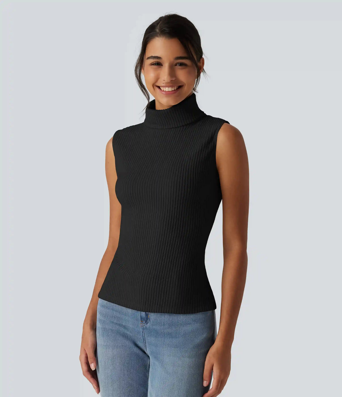 Ribbed Knit High Neck Casual Tank Top