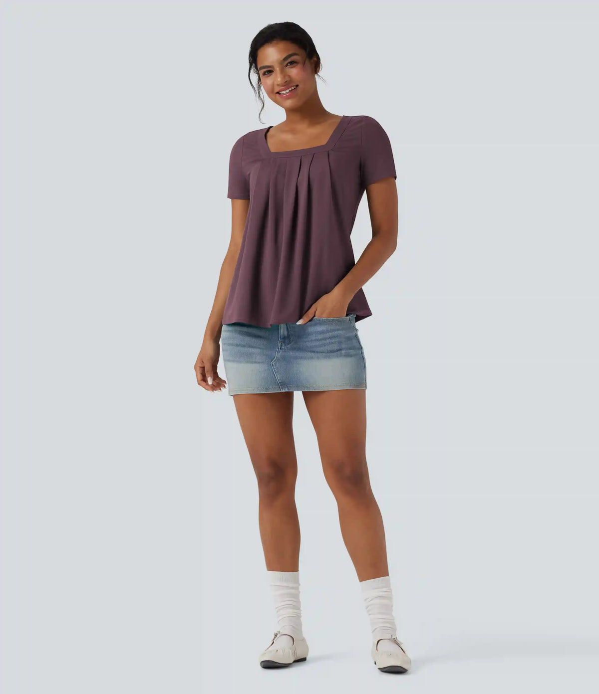 Square Neck Short Sleeve Casual Blouse