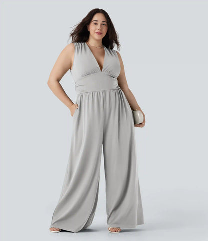 Plus Size V Neck Sleeveless Jumpsuit with Pockets-Easy Peezy Edition