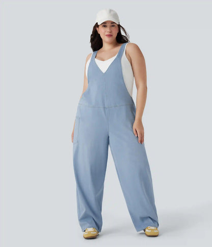 Halara Flex™ V Neck Washed Denim Casual Plus Size Overalls with Pockets