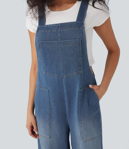 Halara Flex™ Square Neck Washed Denim Casual Overalls with Pockets