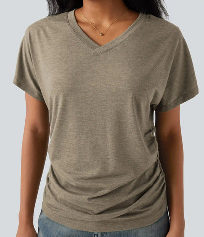 V-neck Short Sleeve Ruched Relaxed Casual Top