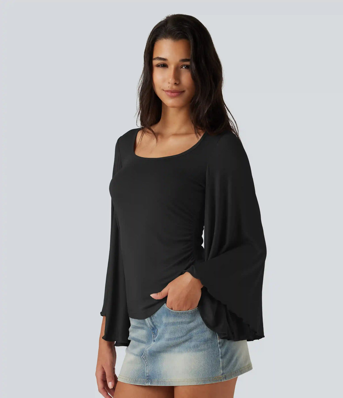 Ribbed Square Neck Flounce 7/8 Sleeve Ruched Casual T-Shirt