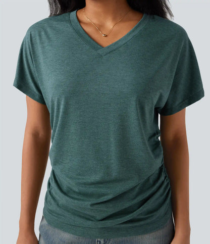 V-neck Short Sleeve Ruched Relaxed Casual Top
