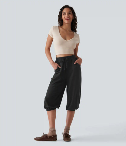High Waisted Drawstring Capri Casual Joggers with Pockets