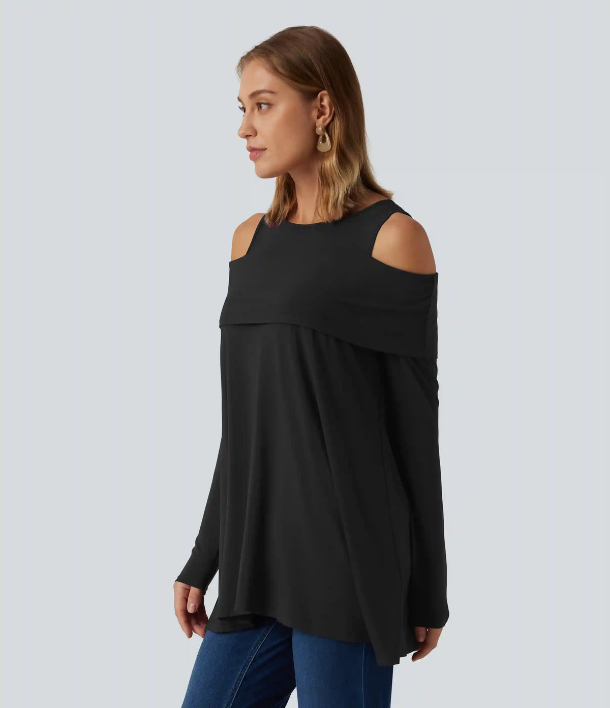 Round Neck Cold Shoulder Relaxed Long Sleeve Casual Top