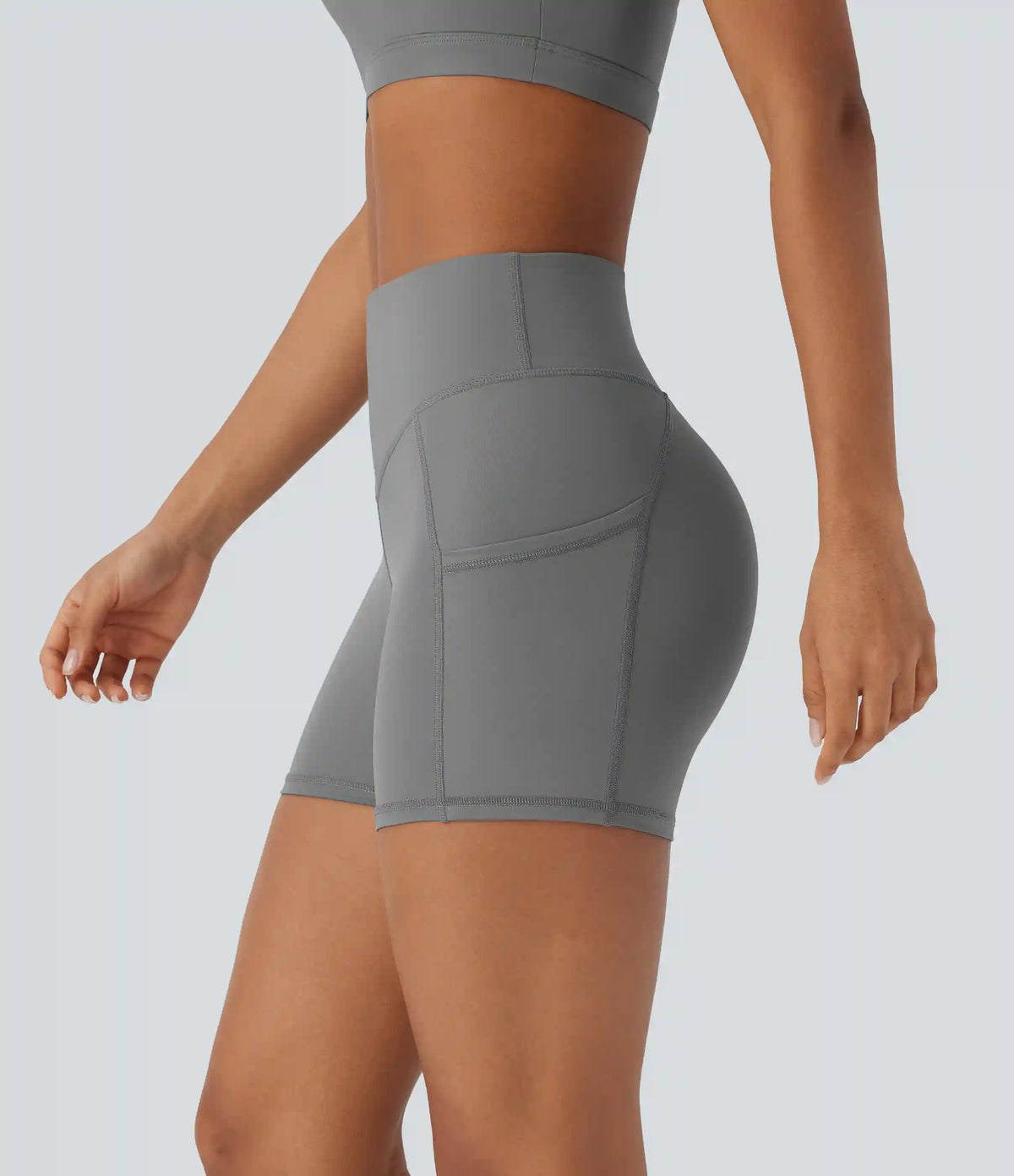 Faux Leather High Waisted Pocket Yoga Biker Shorts 4''
