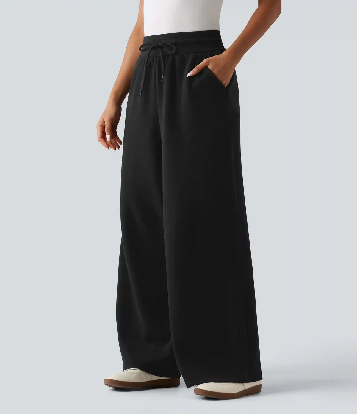 High Waisted Drawstring Wide Leg Fleece Cotton Casual Sweatpants with Pockets