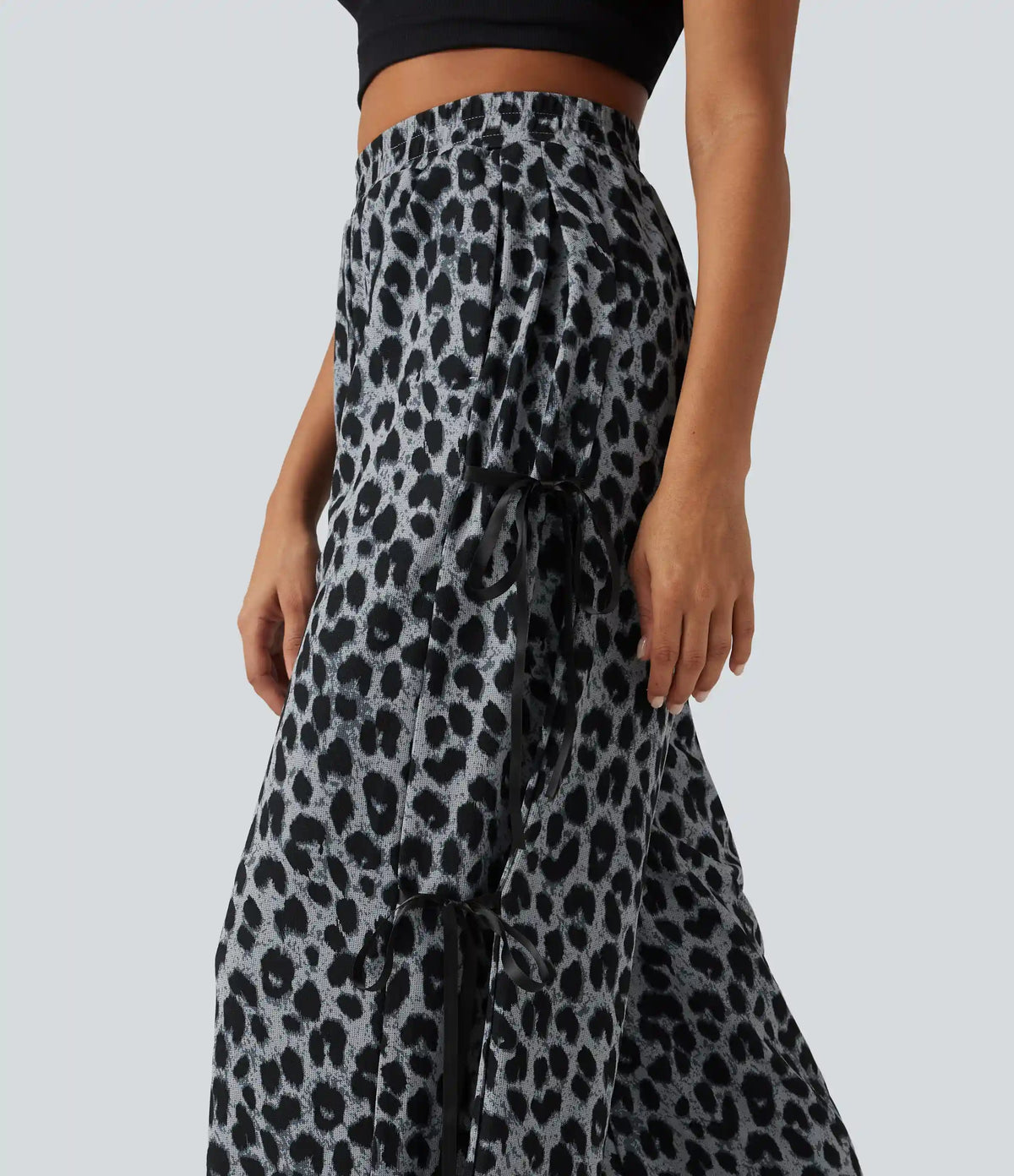 High Waisted Leopard Print Waffle Wide Leg Casual Pants with Pockets