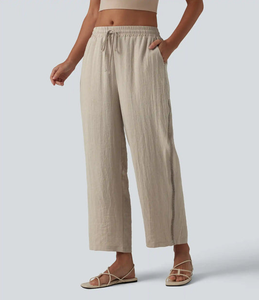 Mid Rise Drawstring Straight Leg Linen-Feel Pants with Pockets
