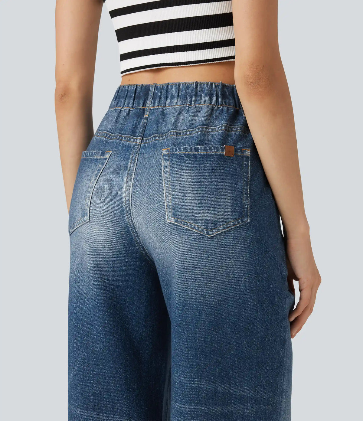 High Waisted Denim Print French Terry Casual Joggers with Pockets