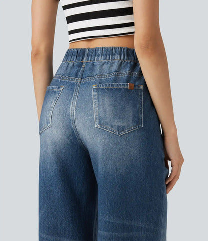High Waisted Denim Print French Terry Casual Joggers with Pockets