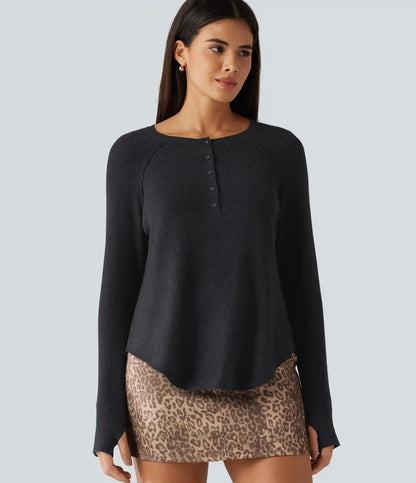 Henley Neck Long Sleeve Thumb Hole Curved Hem Casual Sweater