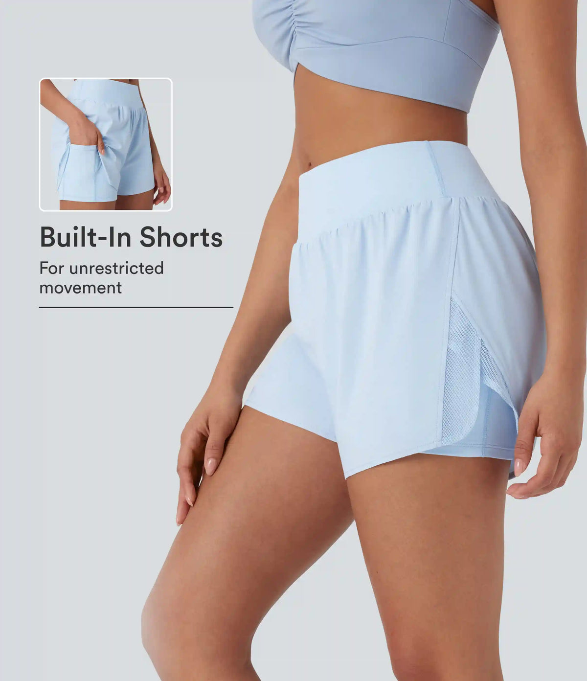 Mid Rise Contrast Mesh 2-in-1 Yoga Shorts with Pockets