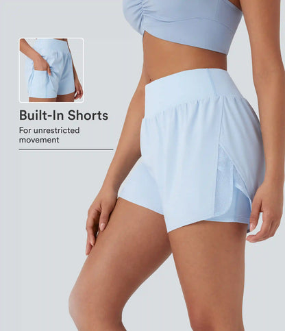 Mid Rise Contrast Mesh 2-in-1 Yoga Shorts with Pockets