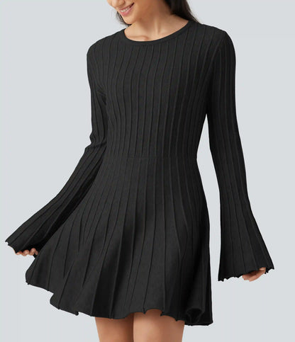 Round Neck Flounce Long Sleeve Flare Mini Casual Sweater Dress