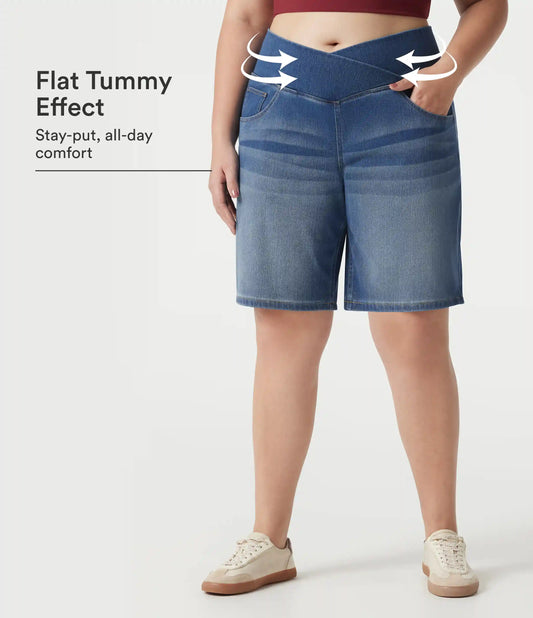 Halara Flex™ Denim Plus Size High Waisted Crossover Tummy Control Casual Baggy Shorts with Pockets