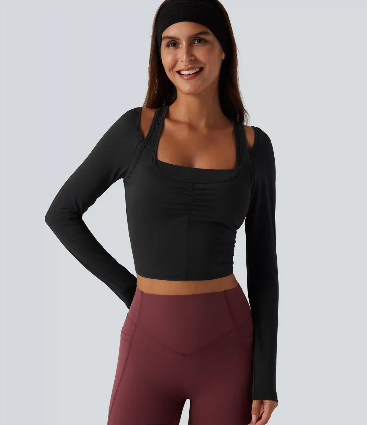 Long Sleeve Ruched Built-in Bra Cut-Out Back InstantCool Yoga Sports Top B-D Cups-UPF50+