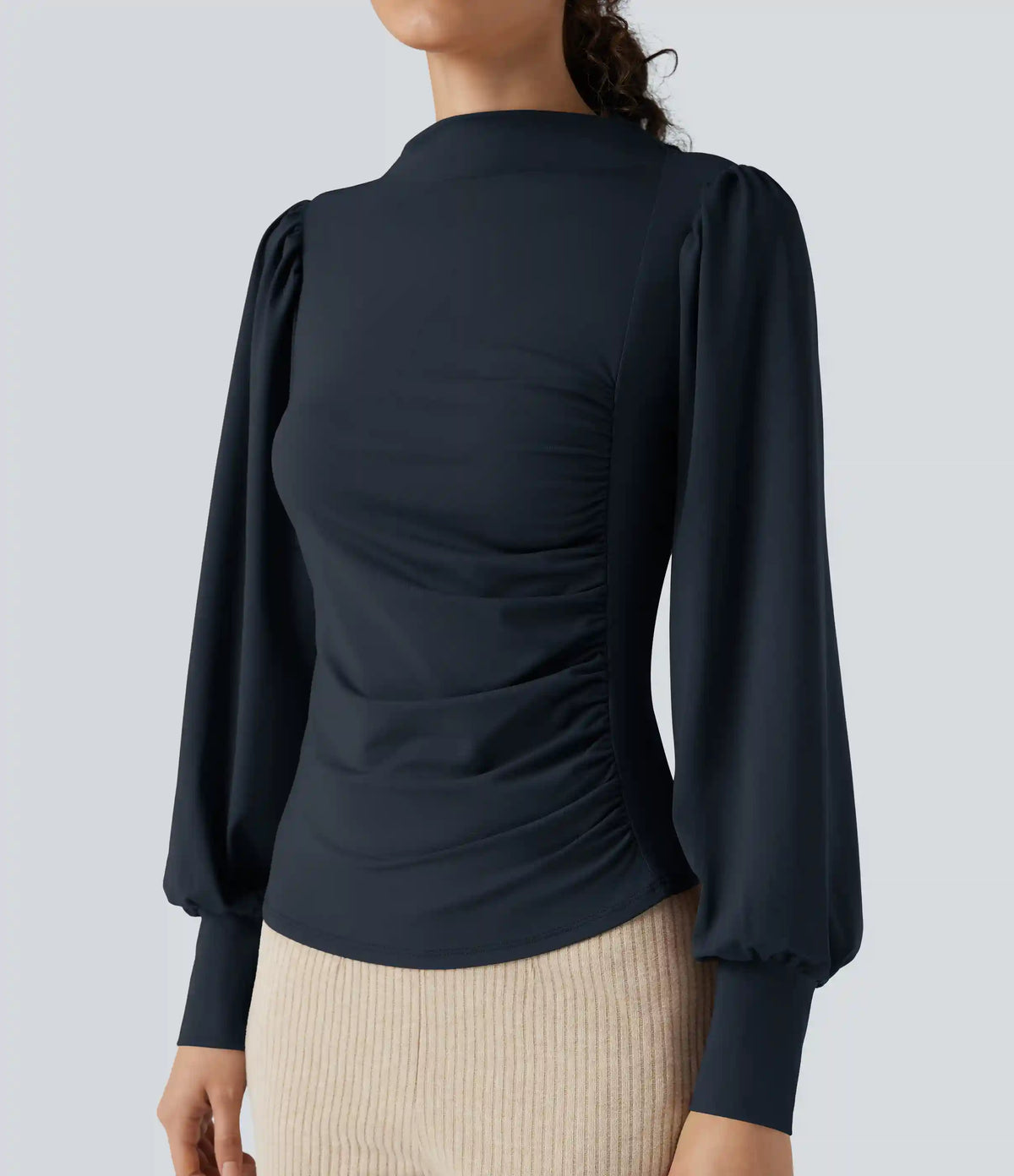 Mock Neck Long Sleeve Ruched Casual Top