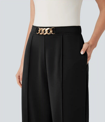 High Waisted Metal Chain Straight Leg Work Pants with Pockets