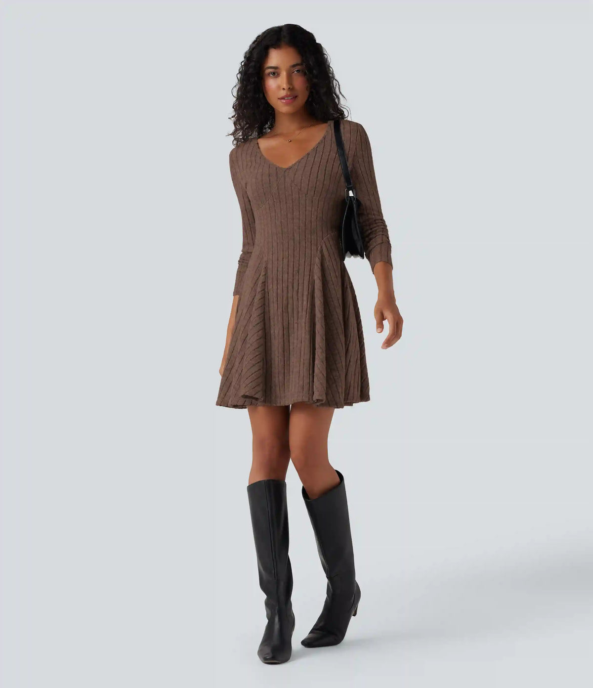 Ribbed Knit V Neck Long Sleeve Flare Mini Casual Dress