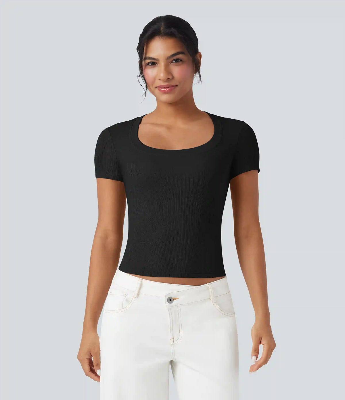 Ribbed Knit Short Sleeve Casual T-Shirt