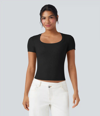 Ribbed Knit Short Sleeve Casual T-Shirt