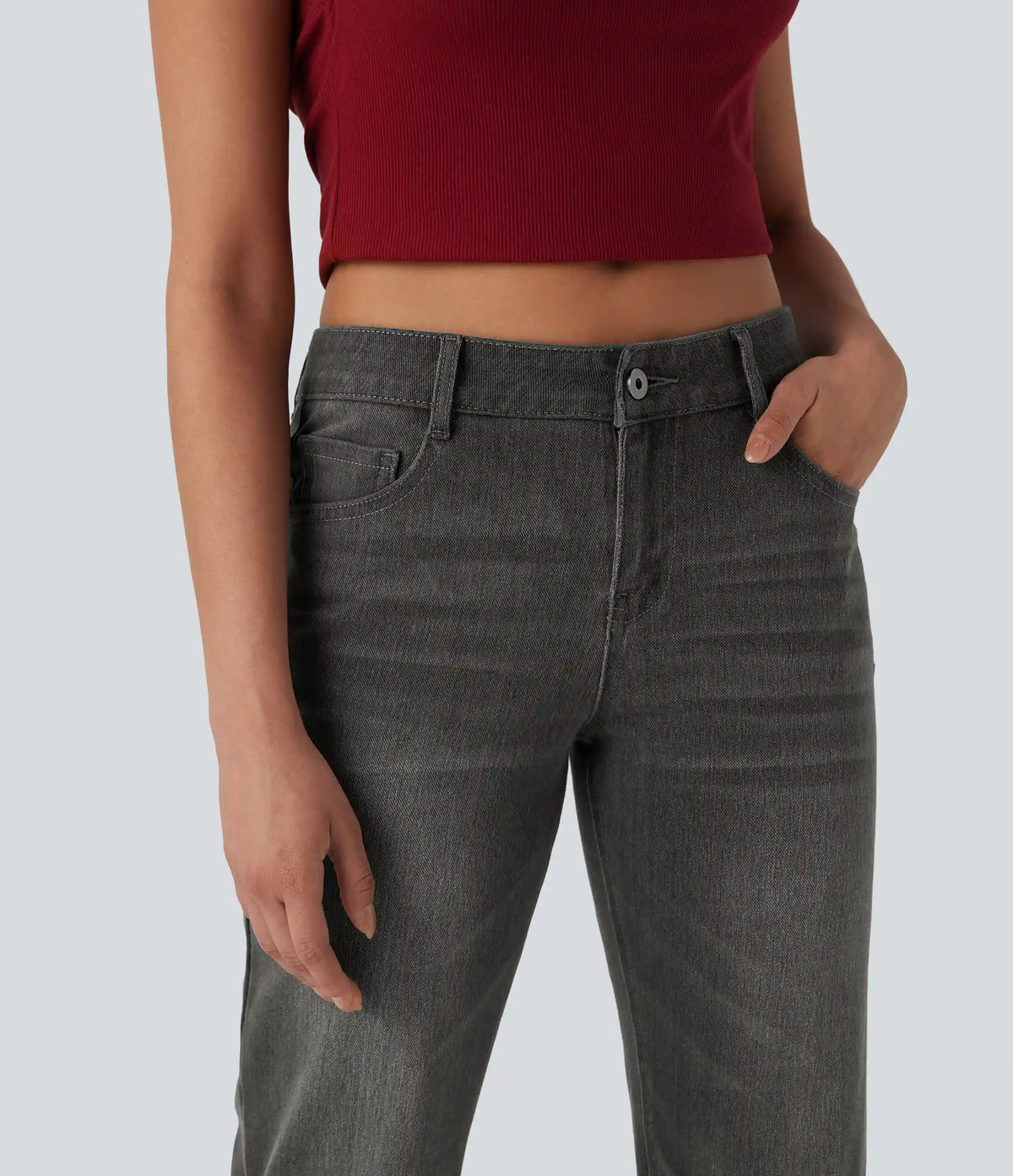 Halara Flex™ Low Rise Zipper Pockets Straight Leg Washed Casual Jeans