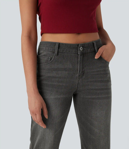 Halara Flex™ Low Rise Zipper Pockets Straight Leg Washed Casual Jeans