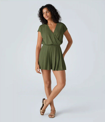 V Neck Short Sleeve Pocket Waffle Casual Romper
