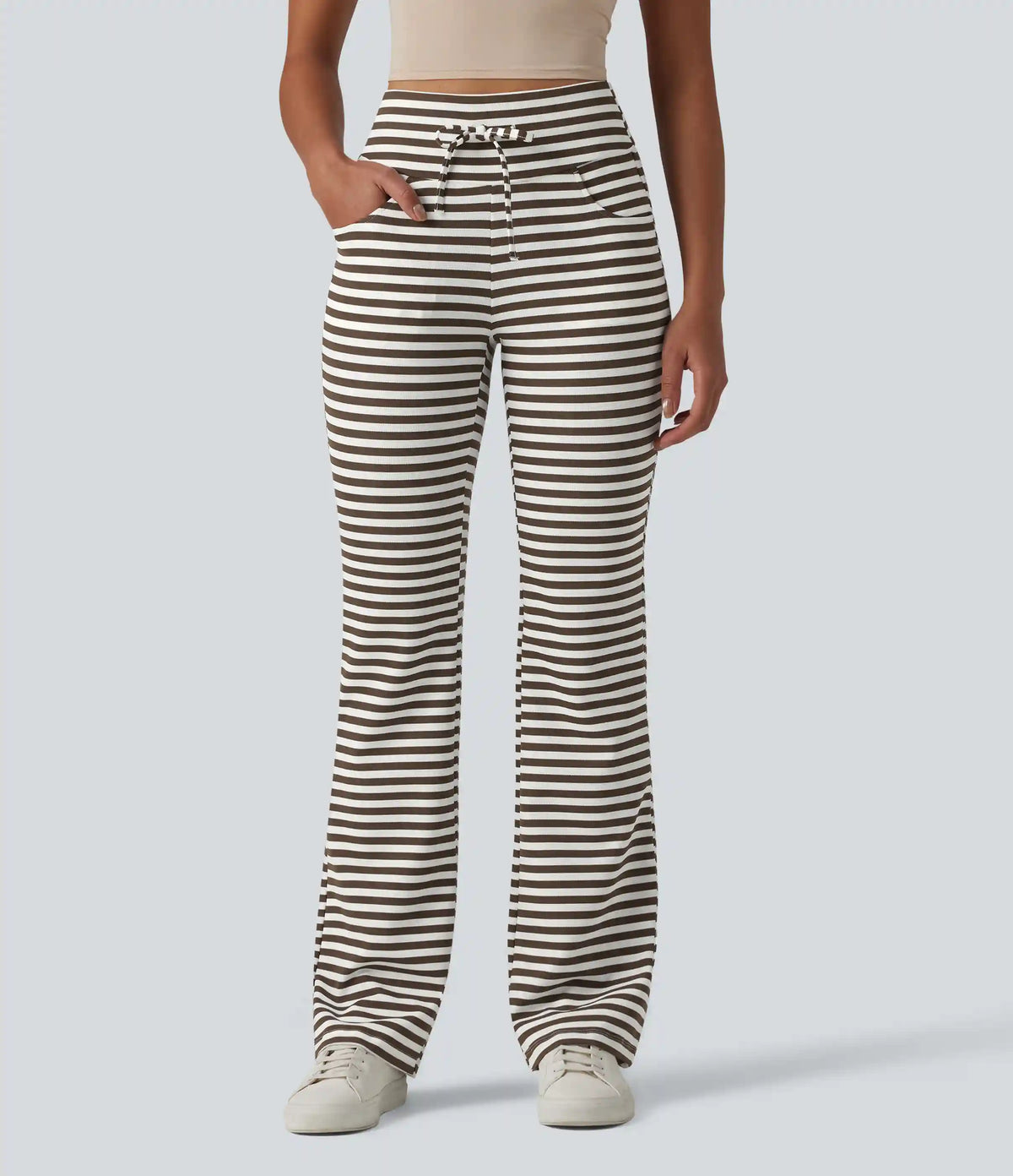 High Waisted Drawstring Tummy Control Stripe Waffle Flare Casual Pants with Pockets