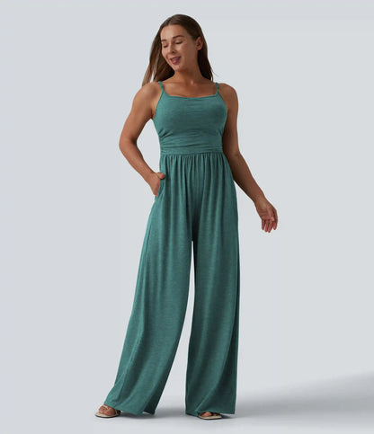 Adjustable Straps Ruched Wide Leg Heathered Casual Jumpsuit with Pockets-Easy Peezy