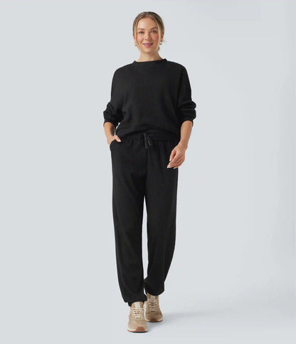 High Waisted Drawstring Waffle Casual Joggers with Pockets