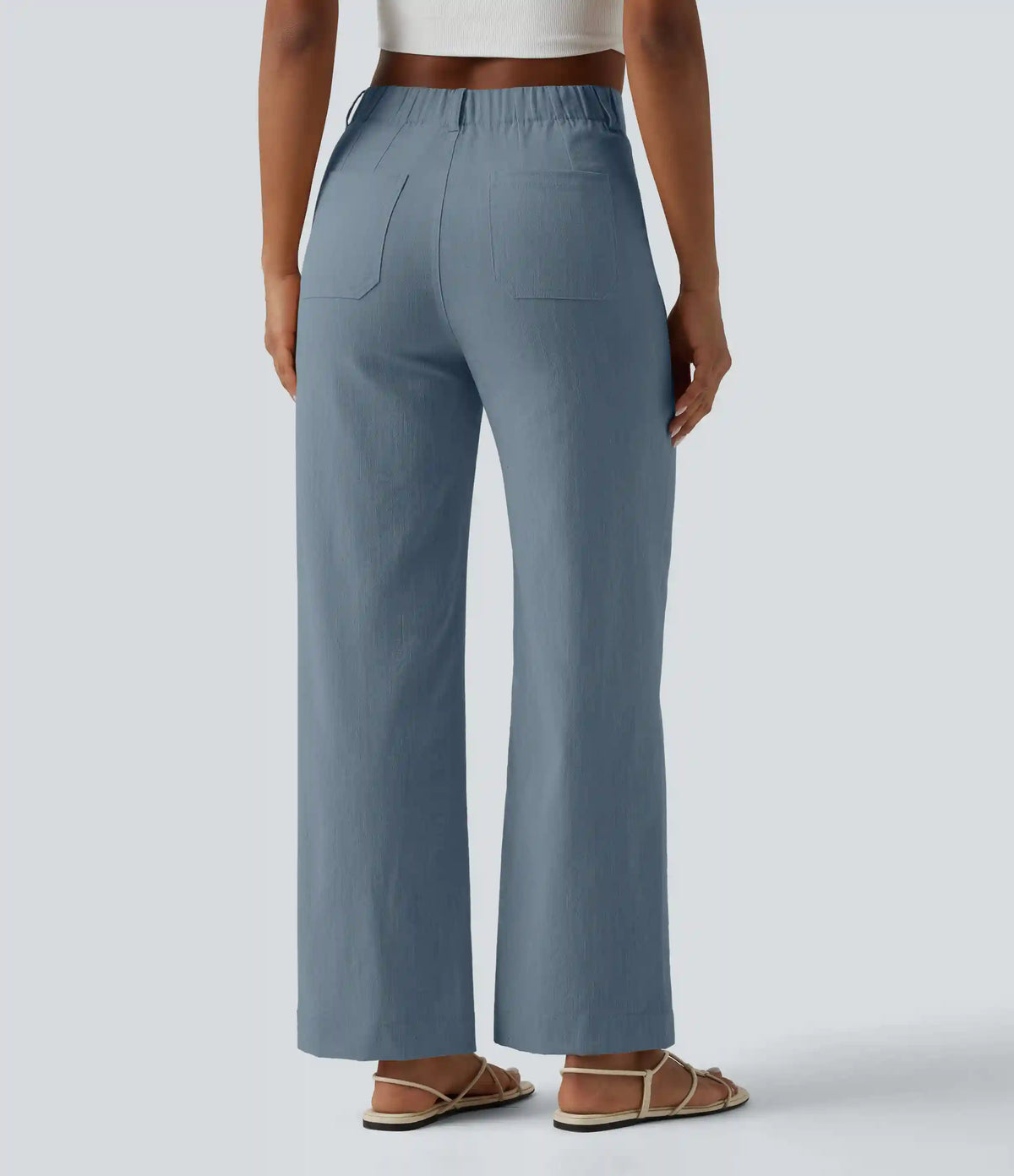 High Waisted Straight Leg Casual Linen-Feel Pants with Pockets