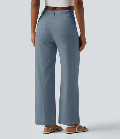 High Waisted Straight Leg Casual Linen-Feel Pants with Pockets