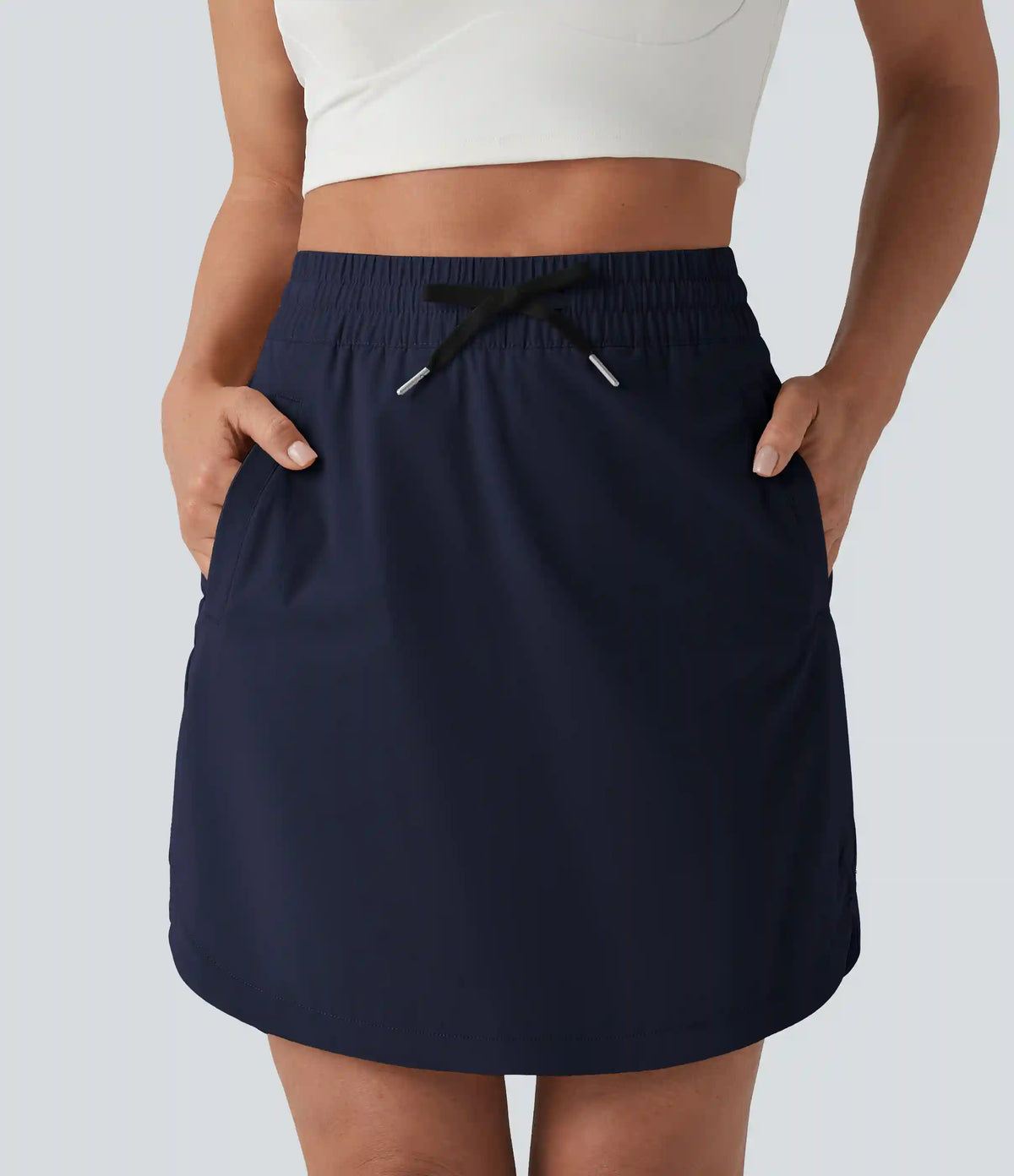 High Waisted Drawstring 2-in-1 Curved Hem Mini Golf Skirt with Pockets-Longer Length