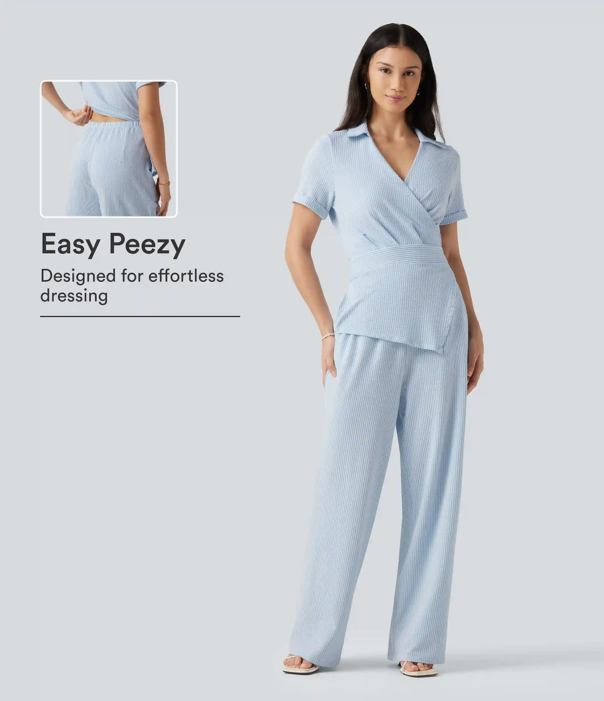Short Sleeve Wrapped Tie Back Stripe Crinkle Cotton Casual Shirt Jumpsuit with Pockets-Easy Peezy Edition