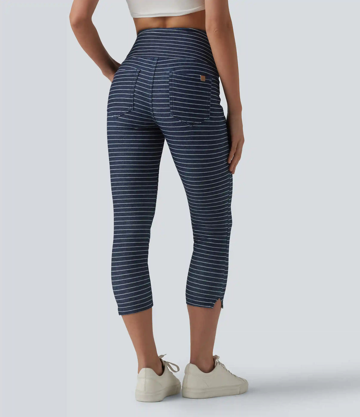 Halara Flex™ High Waisted Tummy Control Split Stripes Denim Casual Capri Leggings with Pockets