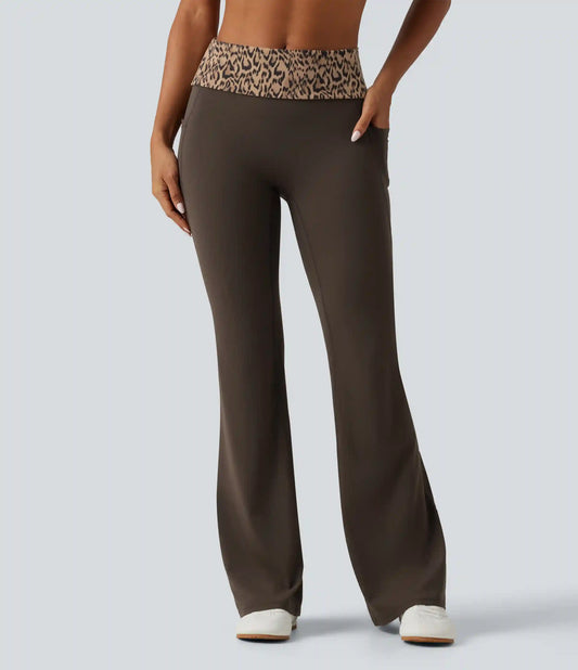Halara UltraSculpt™ Mid Rise Foldover Tummy Control Leopard Print Flare Yoga Leggings with Pockets