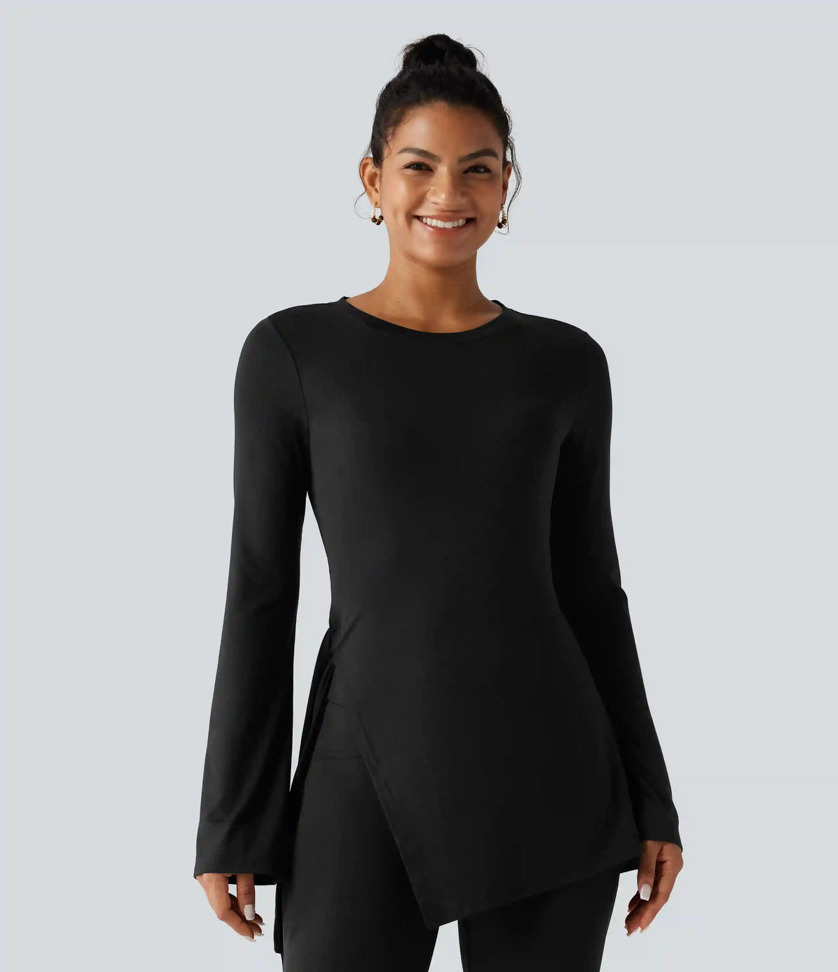 Round Neck Long Sleeve Tie Side Asymmetric Hem Casual Top